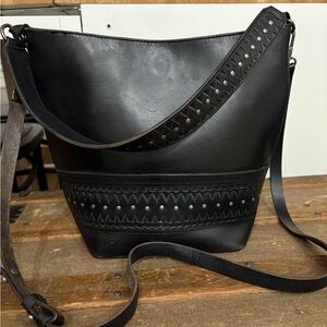 Lucky Brand Black Leather Studded Bucket Bag